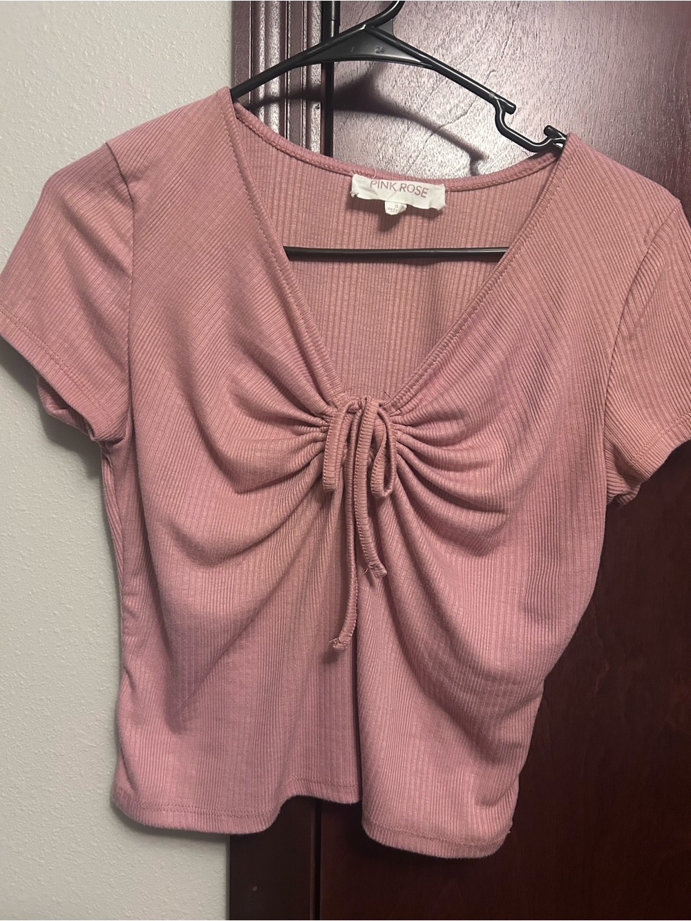Pink Rose Dusty Pink Ruched V-Neck Ribbed Crop Top